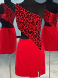 One-Shoulder Red Cut Glass Mirror Cutout Cocktail Dress Mini Homecoming Dresses #TKL0132|Selinadress