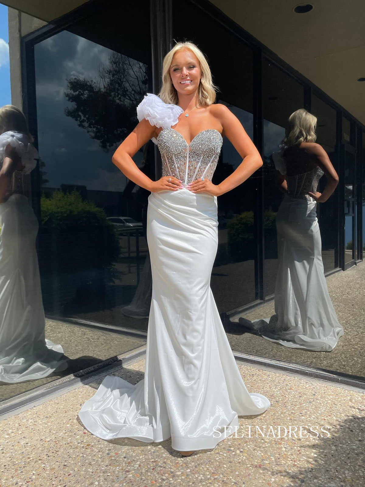 One Shoulder Sweetheart White Beaded Mermaid Prom Dress Evening Dress SELINADRESS One Shoulder Sweetheart White Beaded Mermaid Prom Dress Evening Dress SELINADRESS
