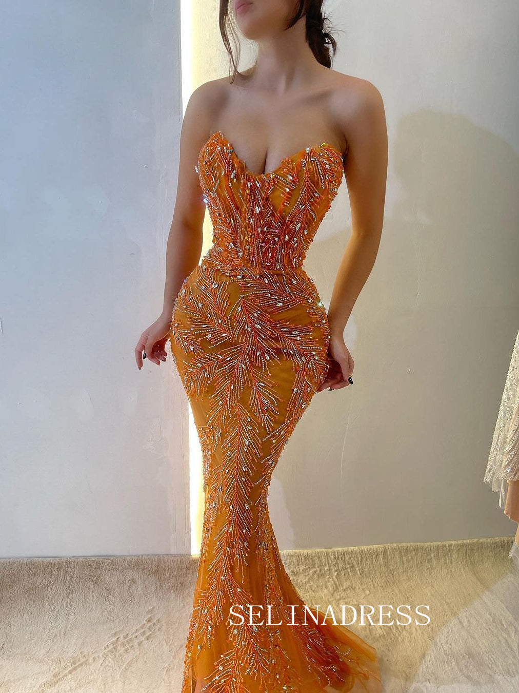 Orange Beaded Long Prom Dress Mermaid Strapless V neck Evening Dress SQO007|Selinadress