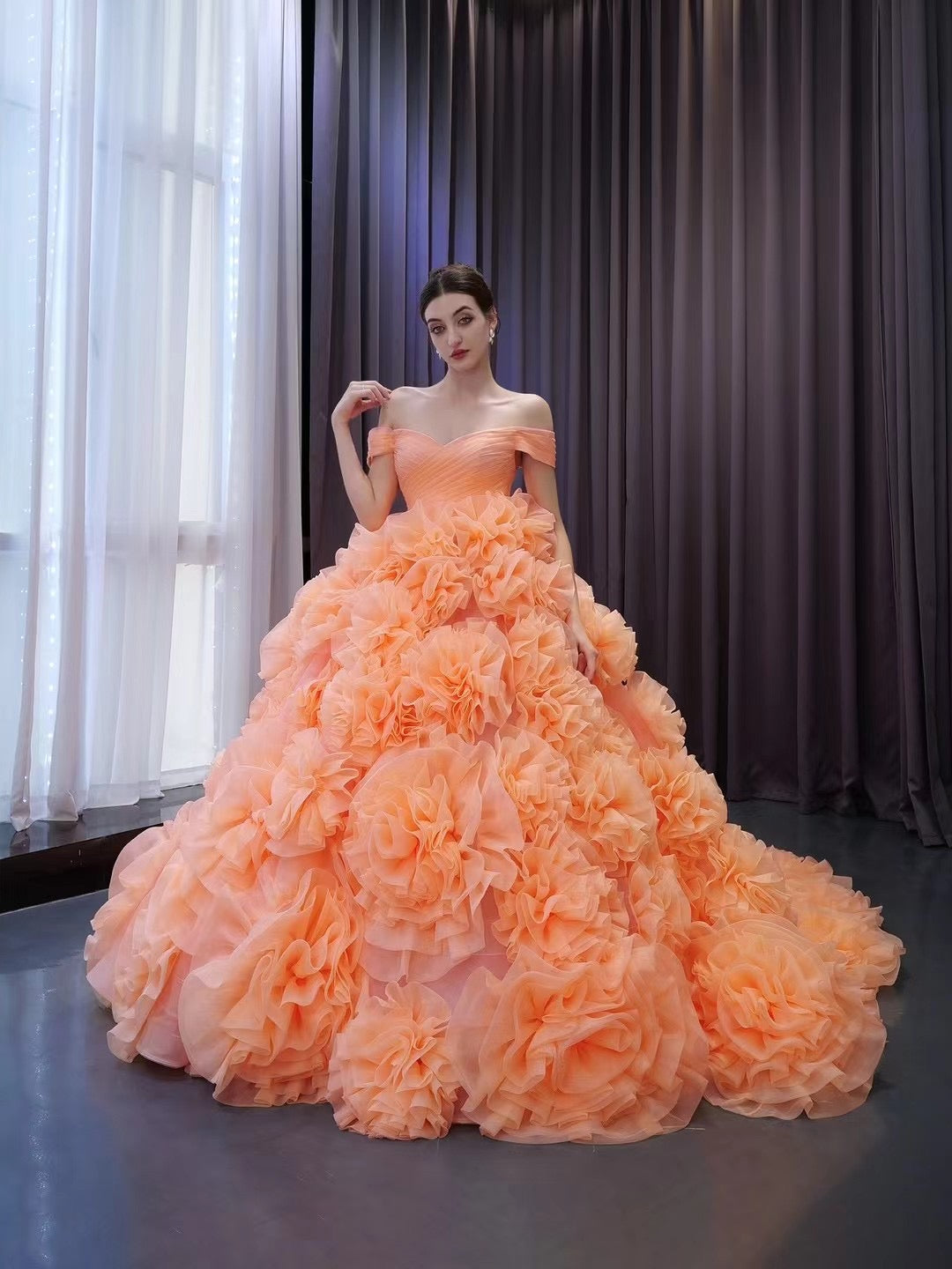 Orange Ruffles Tiered Sweet 16 Ball Gowns Off the Shoulder Pageant Dre SELINADRESS Orange Ruffles Tiered Sweet 16 Ball Gowns Off the Shoulder Pageant Dre SELINADRESS