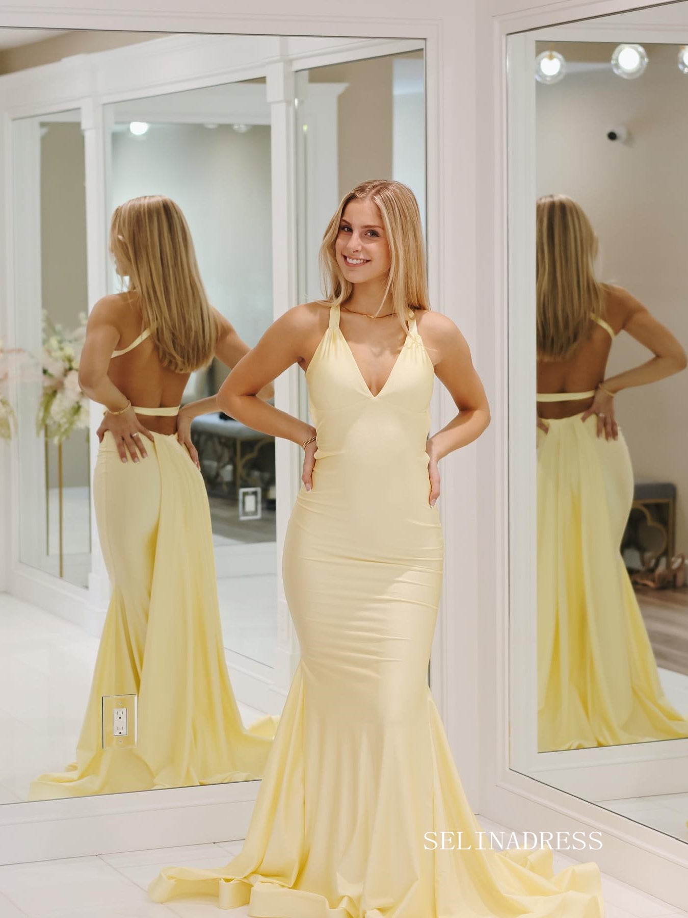 Pale Yellow Mermaid Satin Prom Dresses with Tail V-Neck Evening Dress EWR200 SELINADRESS Pale Yellow Mermaid Satin Prom Dresses with Tail V-Neck Evening Dress EWR200 SELINADRESS