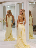 Pale Yellow Mermaid Satin Prom Dresses with Tail V-Neck Evening Dress EWR200|Selinadress