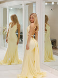 Pale Yellow Mermaid Satin Prom Dresses with Tail V-Neck Evening Dress EWR200|Selinadress