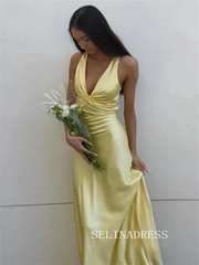 Pastel Yellow Satin Mermaid V neck Prom Dress Formal Dress SEA214|Selinadress
