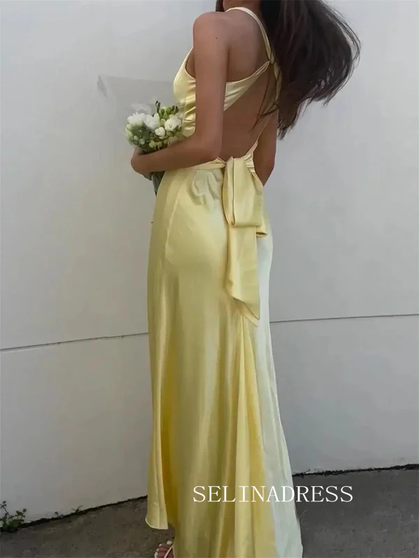 Pastel Yellow Satin Mermaid V neck Prom Dress Formal Dress SEA214|Selinadress