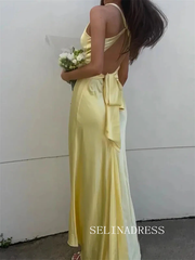 Pastel Yellow Satin Mermaid V neck Prom Dress Formal Dress SEA214|Selinadress