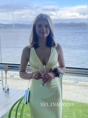 Pastel Yellow Satin Mermaid V neck Prom Dress Formal Dress SEA214|Selinadress