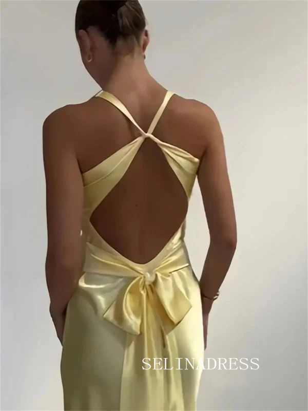 Pastel Yellow Satin Mermaid V neck Prom Dress Formal Dress SEA214|Selinadress