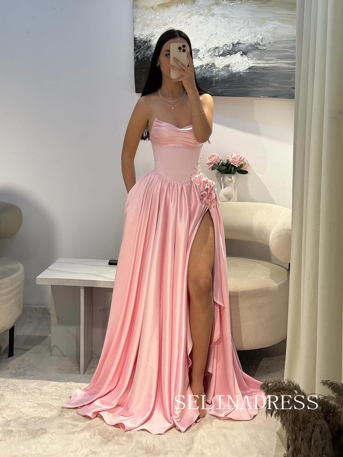 Pink A-line Long Prom Dresses Cheap Evening Gowns With Slit REN011 SELINADRESS Pink A-line Long Prom Dresses Cheap Evening Gowns With Slit REN011 SELINADRESS
