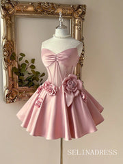 Pink A-line Sweetheart Satin Bow Homecoming Dress TTL003|Selinadress