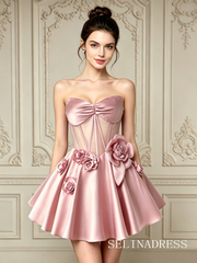 Pink A-line Sweetheart Satin Bow Homecoming Dress TTL003|Selinadress