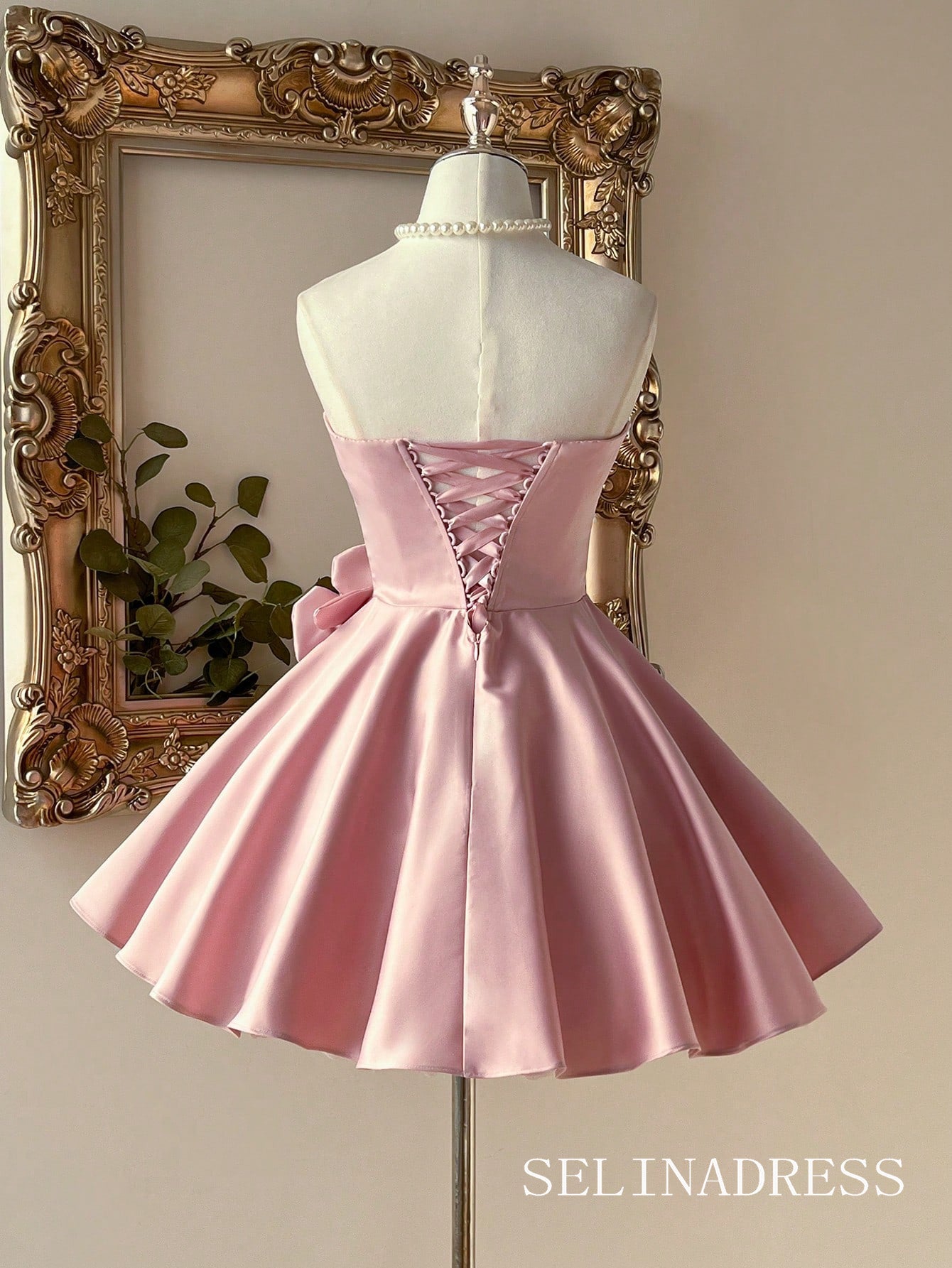 Pink A-line Sweetheart Satin Bow Homecoming Dress TTL003|Selinadress