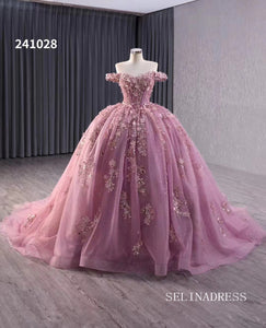 Pink Beaded Floral Wedding Dress Off the Shoulder Quinceanera Dress 241028|Selinadress