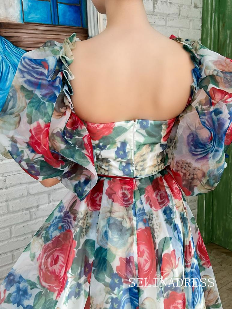 blue floral homecoming dress Blue Floral Homecoming Dress Puff Sleeve Short Prom Dress EWR411 – SELINADRESS
