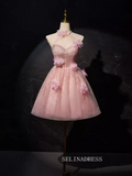 Pink Floral Sequin Blossom Homecoming Dresses Halter Neck 3D Flower Dress #SEW1267|Selinadress