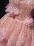 Pink Floral Sequin Blossom Homecoming Dresses Halter Neck 3D Flower Dress #SEW1267|Selinadress