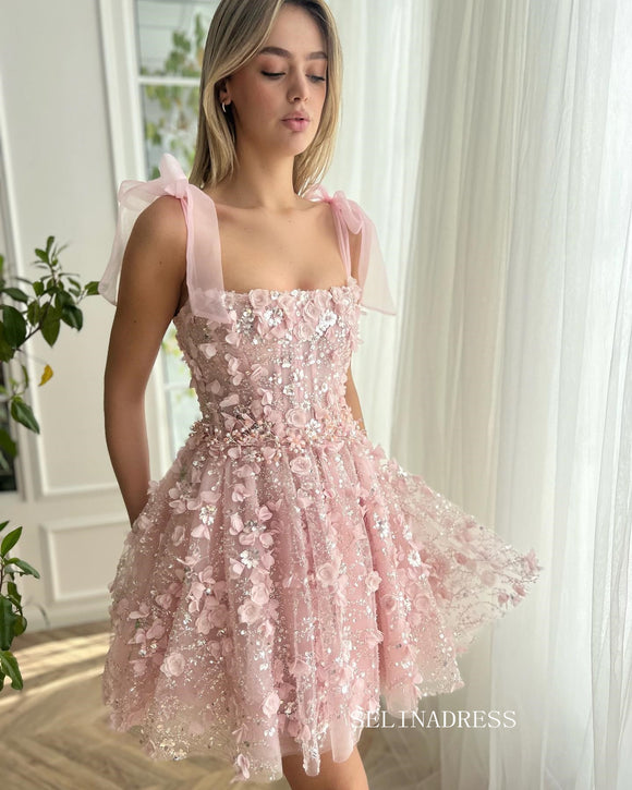 Pink Floral Short Prom Dress Sequins Homecoming Dresses #sea068|Selinadress