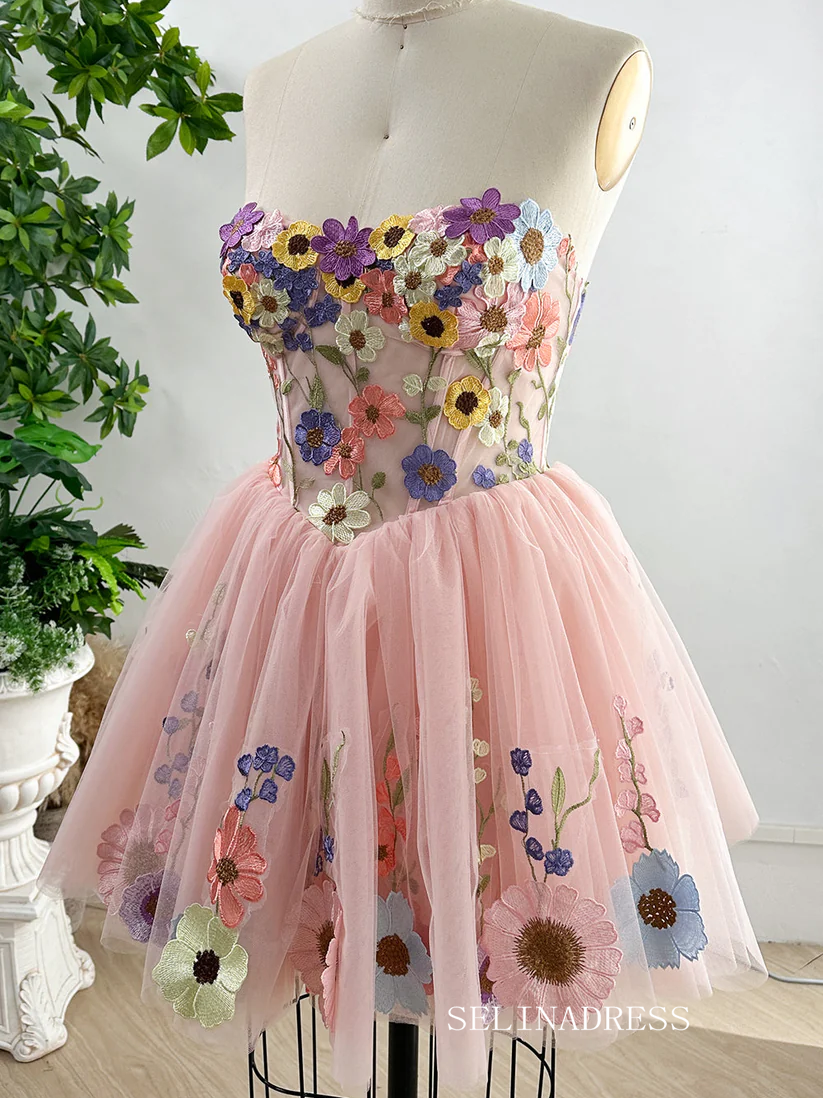Pink Flower Homecoming Dress Short Sleeve Tulle Short Prom Dress EWR40 – SELINADRESS