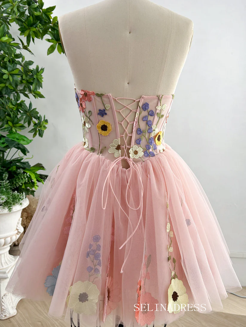 Short Wedding Dresses Floral Appliqu Mini Pink Dress With Puff Sleeves Short Wedding Dresses Floral Appliqu Mini Pink Dress With Puff Sleeves