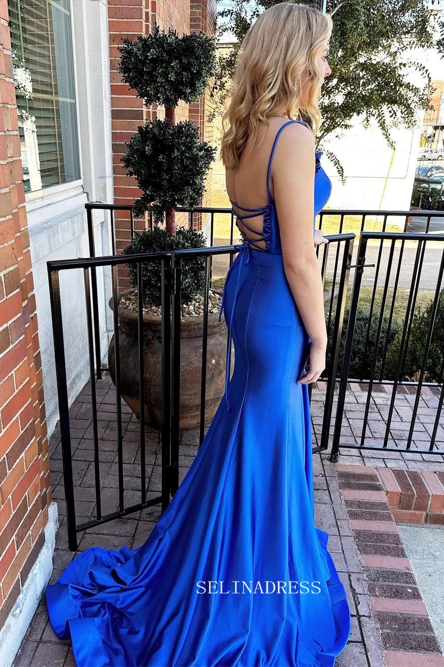 Pink Lace-Up Back Ruffle Mermaid Long Prom Dress with Slit SEW1045 SELINADRESS Pink Lace-Up Back Ruffle Mermaid Long Prom Dress with Slit SEW1045 SELINADRESS