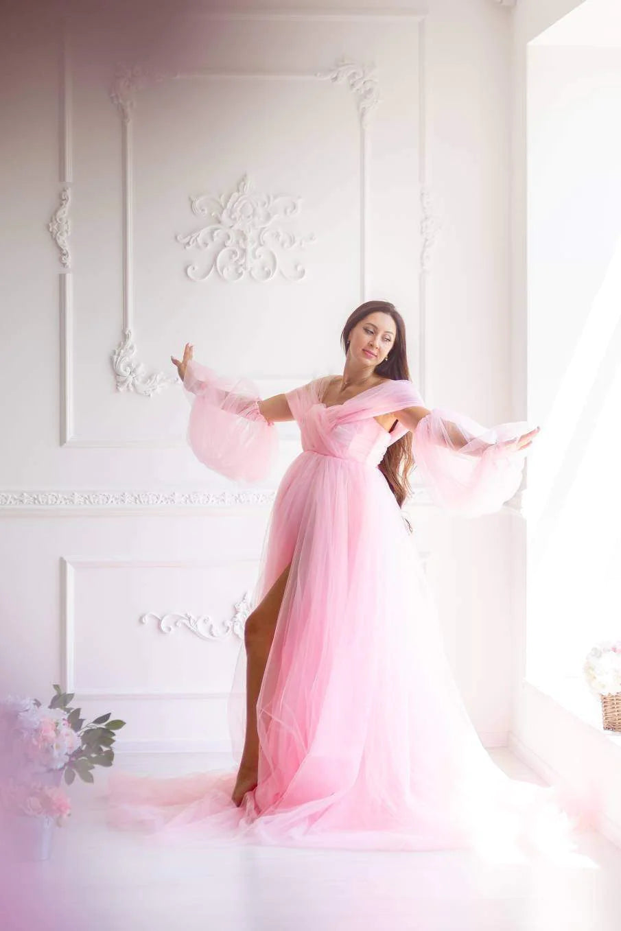 Pink Maternity Dress Tulle Long Train Long Sleeve Prom Dresses Cheap Evening Dresses #LPO001 Pink Maternity Dress Tulle Long Train Long Sleeve Prom Dresses Cheap Evening Dresses #LPO001