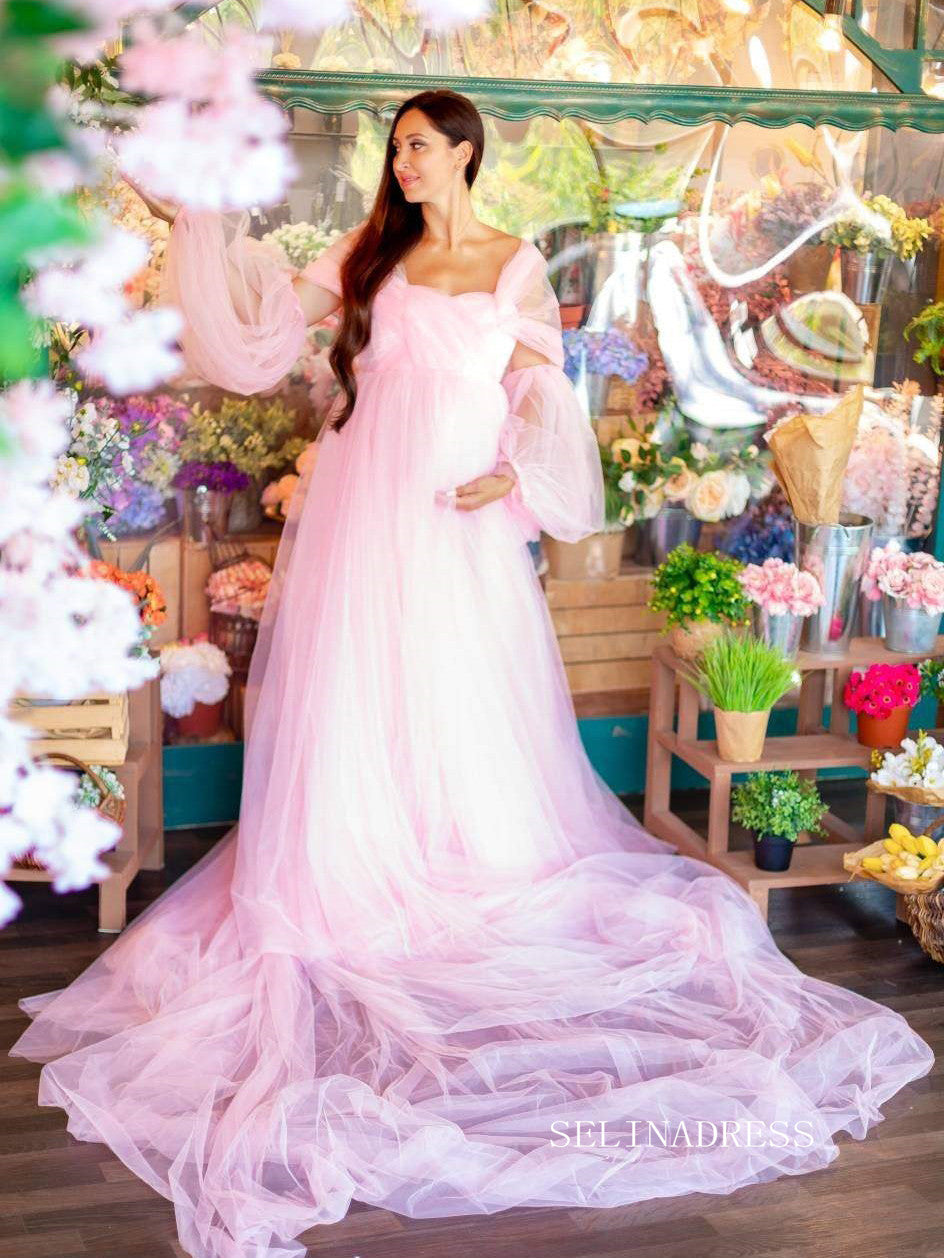 Pink Maternity Dress Tulle Long Train Long Sleeve Prom Dresses Cheap Evening Dresses #LPO001 Pink Maternity Dress Tulle Long Train Long Sleeve Prom Dresses Cheap Evening Dresses #LPO001