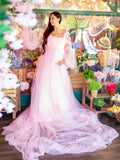 Pink Maternity Dress Tulle Long Train Long Sleeve Prom Dresses Cheap Evening Dresses #LPO001|Selinadress