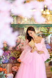 Pink Maternity Dress Tulle Long Train Long Sleeve Prom Dresses Cheap Evening Dresses #LPO001|Selinadress