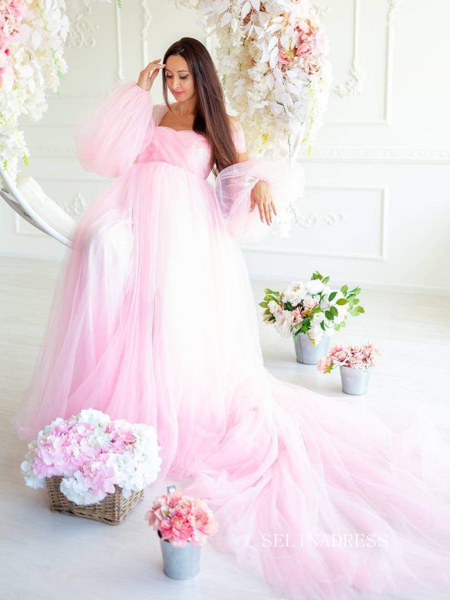 Pink Maternity Dress Tulle Long Train Long Sleeve Prom Dresses Cheap Evening Dresses #LPO001 Pink Maternity Dress Tulle Long Train Long Sleeve Prom Dresses Cheap Evening Dresses #LPO001