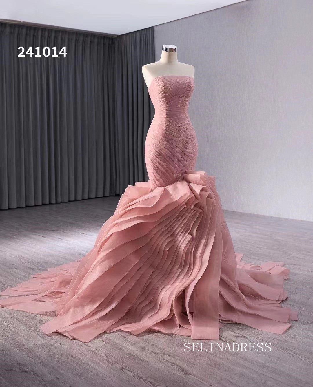 Pink Mermaid Lace Wedding Dresses Tiered Strapless Pageant Dress 241014|Selinadress