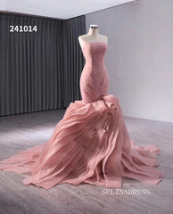 Pink Mermaid Lace Wedding Dresses Tiered Strapless Pageant Dress 241014|Selinadress