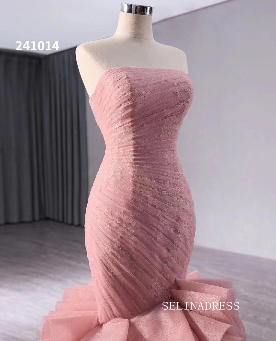 Pink Mermaid Lace Wedding Dresses Tiered Strapless Pageant Dress 241014|Selinadress