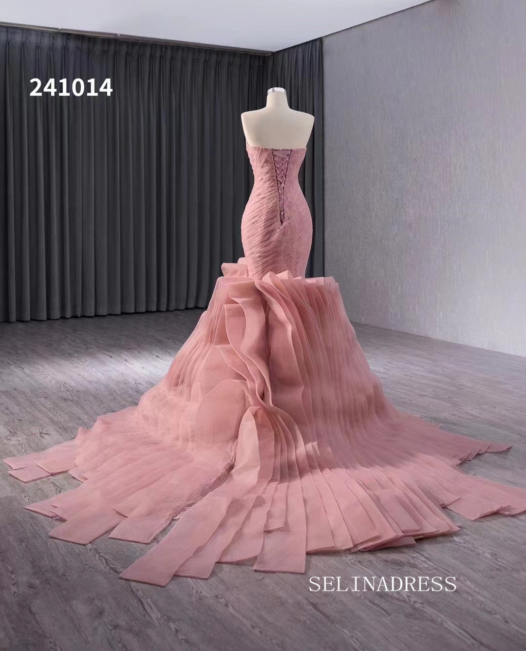 Pink Mermaid Lace Wedding Dresses Tiered Strapless Pageant Dress 241014|Selinadress