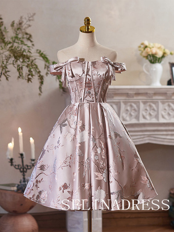 Pink Off-the-shoulder Homecoming Dress With Pearl Embroidery Flower Cocktail Dresses #ABC016|Selinadress