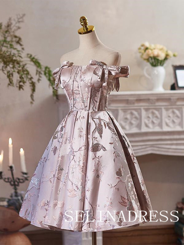 Pink Off-the-shoulder Homecoming Dress With Pearl Embroidery Flower Cocktail Dresses #ABC016|Selinadress