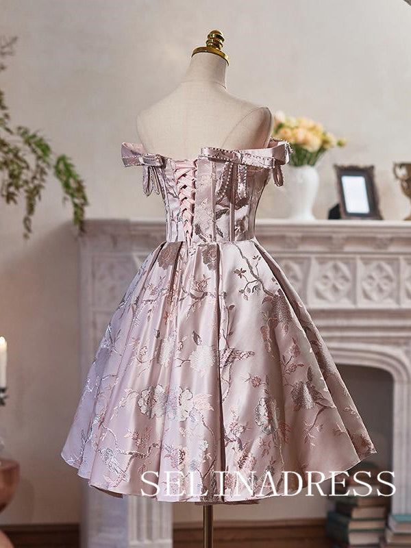 Pink Off-the-shoulder Homecoming Dress With Pearl Embroidery Flower Cocktail Dresses #ABC016|Selinadress