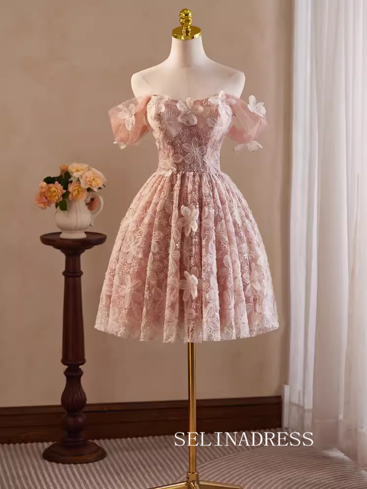 homecoming dresses flowers Pink Off-the-shoulder Lace Homecoming Dresses Flower Hoco Dress Cockta – SELINADRESS