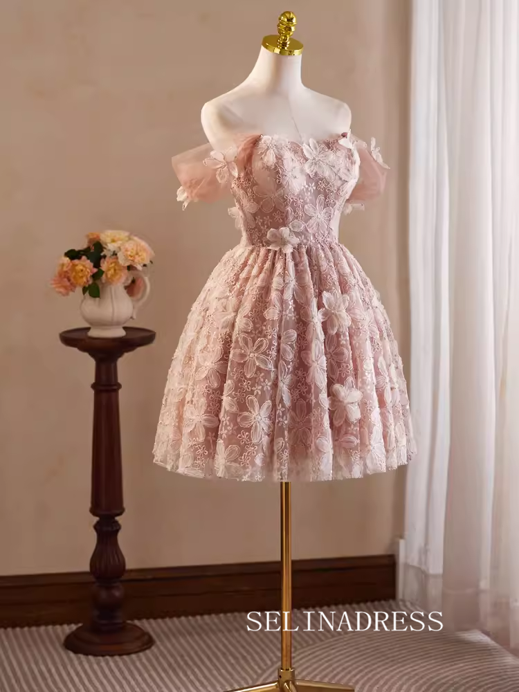 flower homecoming dresses Ivory 3D Strapless Short Prom Dress hc469 Custom Colors / US10 More new style Pink Off-the-shoulder Lace Homecoming Dresses