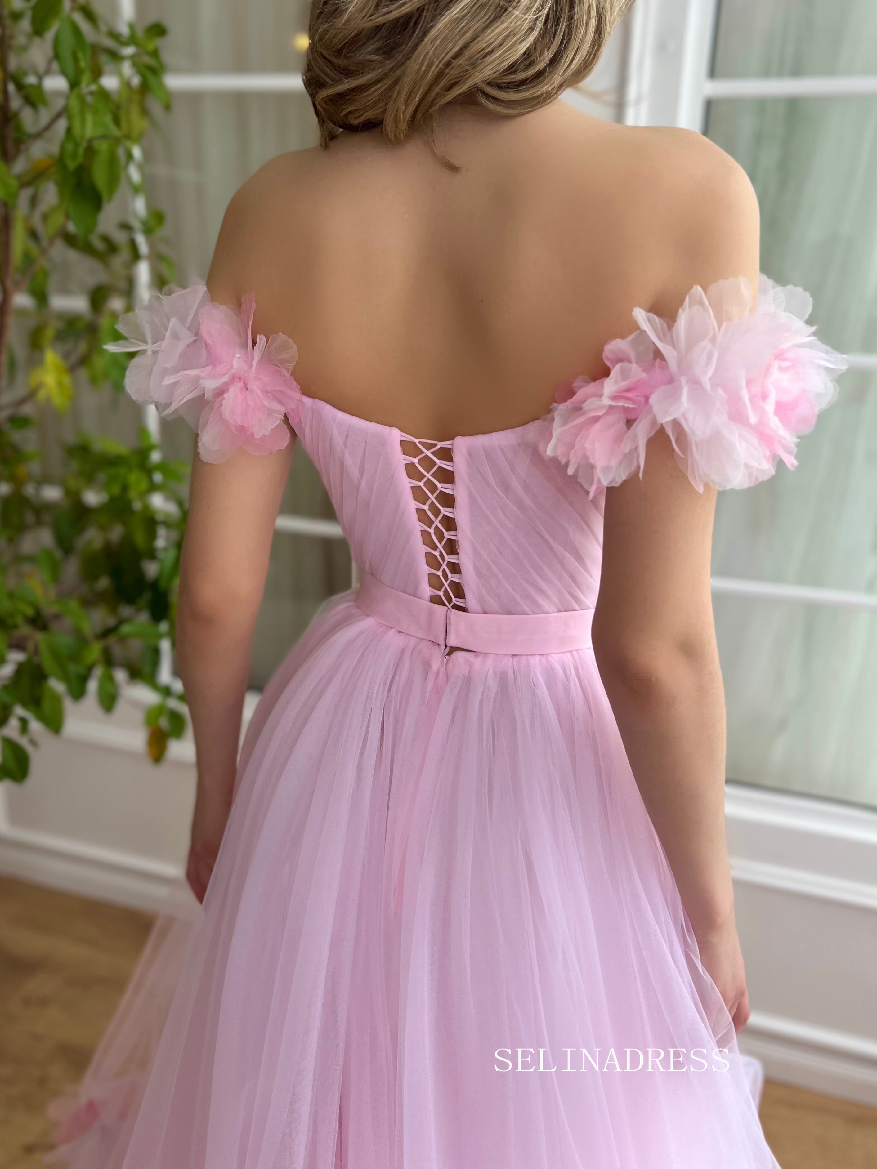 Pink Off-the-shoulder Short Midi Prom Dress A line Tulle Party Dress JKL3127 Pink Off-the-shoulder Short Midi Prom Dress A line Tulle Party Dress JKL3127