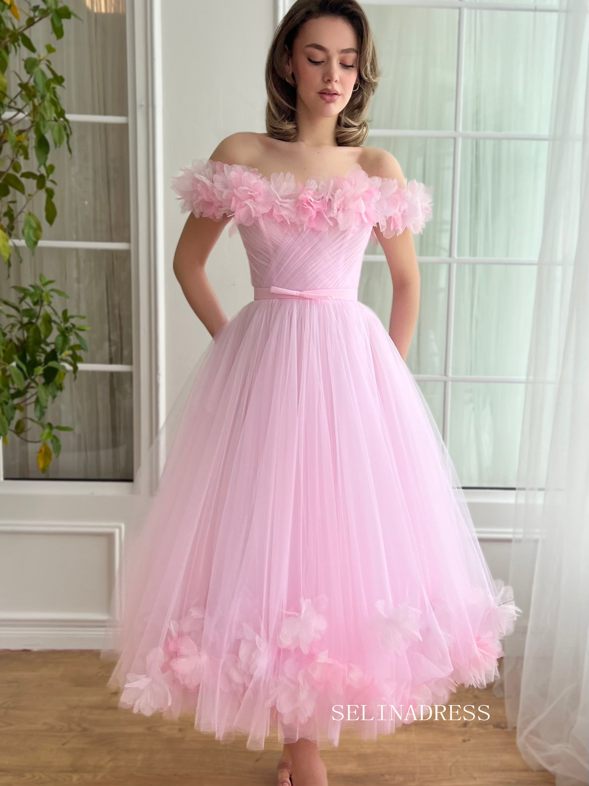 Pink Off-the-shoulder Short Midi Prom Dress A line Tulle Party Dress JKL3127 Pink Off-the-shoulder Short Midi Prom Dress A line Tulle Party Dress JKL3127