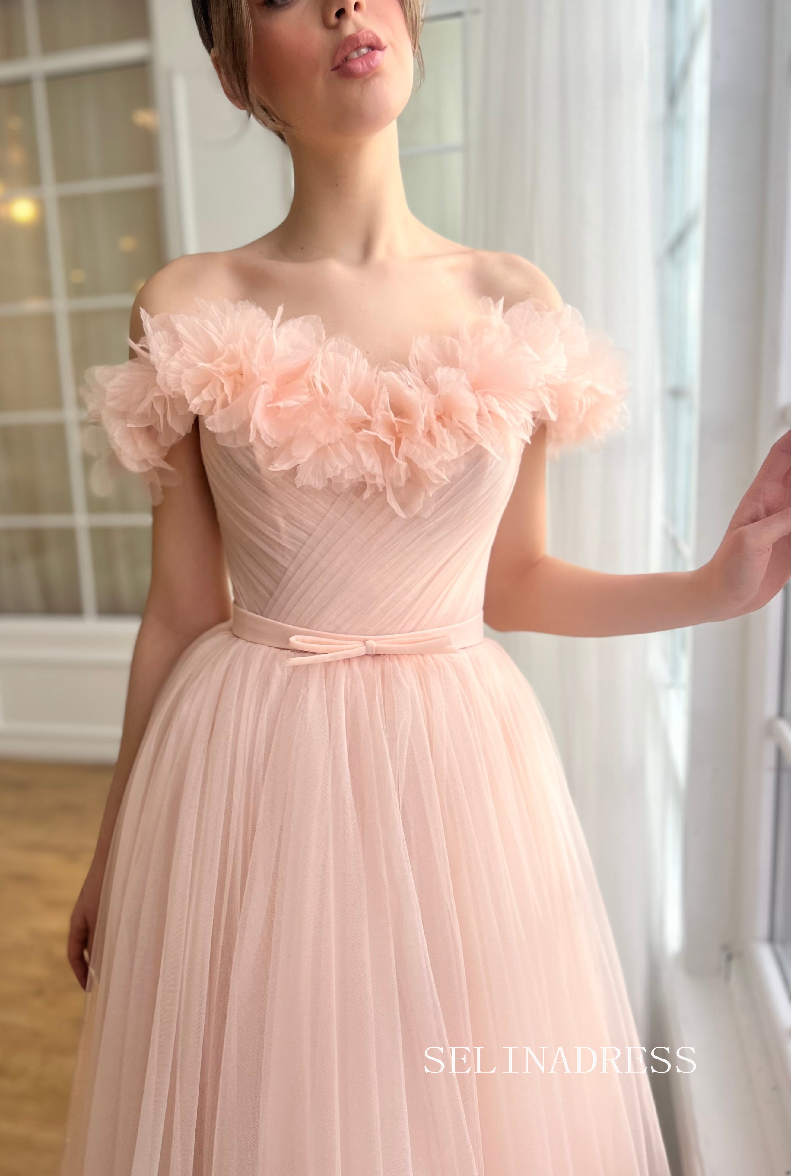 Pink Off-the-shoulder Short Midi Prom Dress A line Tulle Party Dress JKL3127 Pink Off-the-shoulder Short Midi Prom Dress A line Tulle Party Dress JKL3127