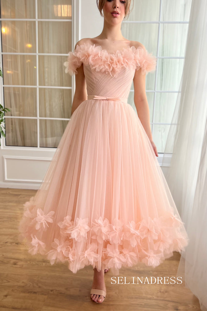 Pink Off-the-shoulder Short Midi Prom Dress A line Tulle Party Dress J –  SELINADRESS