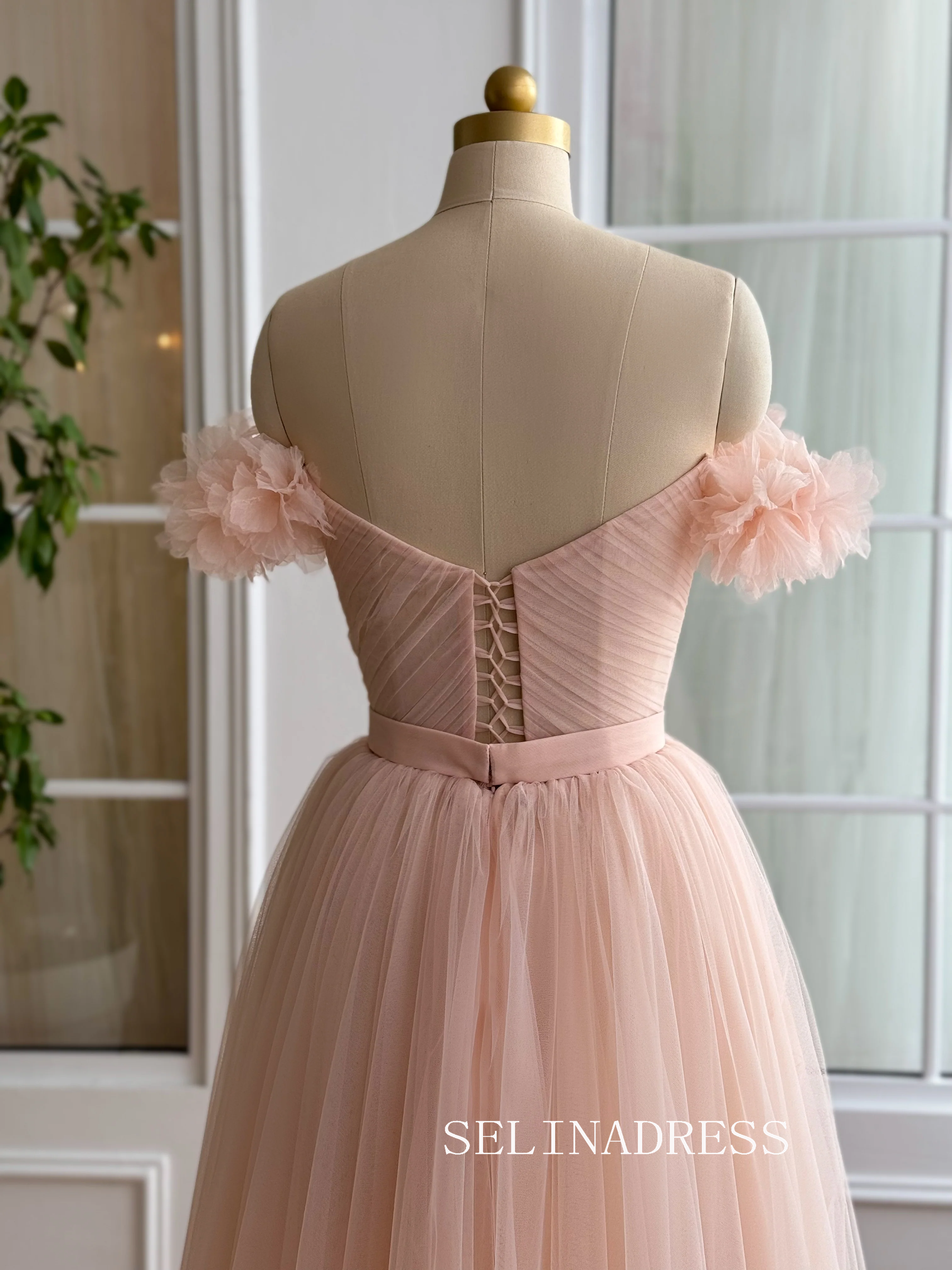Pink Off-the-shoulder Short Wedding Dress Tea Length Tulle Prom Dresse SELINADRESS Pink Off-the-shoulder Short Wedding Dress Tea Length Tulle Prom Dresse SELINADRESS