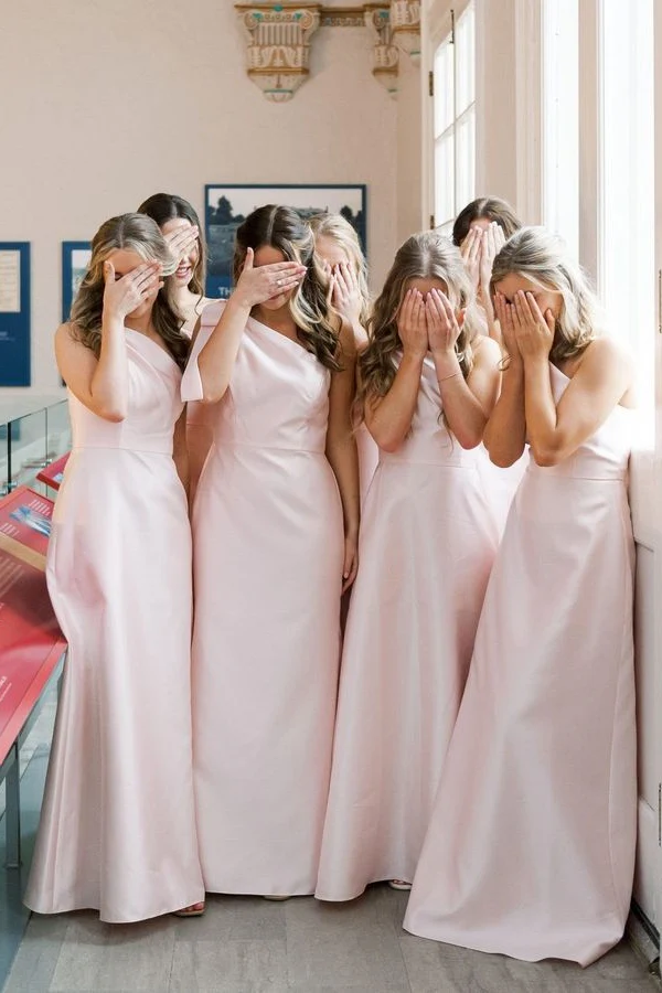 Pink One Shoulder Satin Bridesmaid Dresses with Bow SEV007