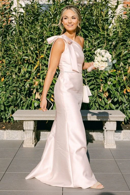 Pink One Shoulder Satin Bridesmaid Dresses with Bow SEV007 SELINADRESS Pink One Shoulder Satin Bridesmaid Dresses with Bow SEV007 SELINADRESS