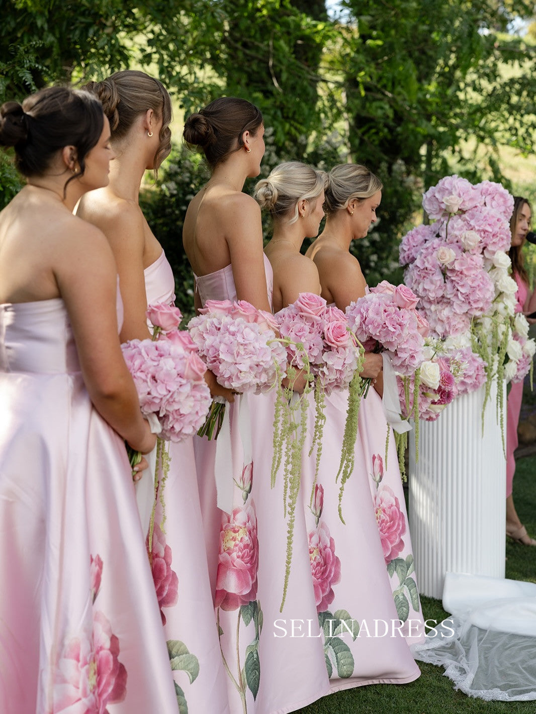 Pink Strapless Long Bridesmaid Dress With Floral Cheap Bridesmaid Dresses BRA001|Selinadress