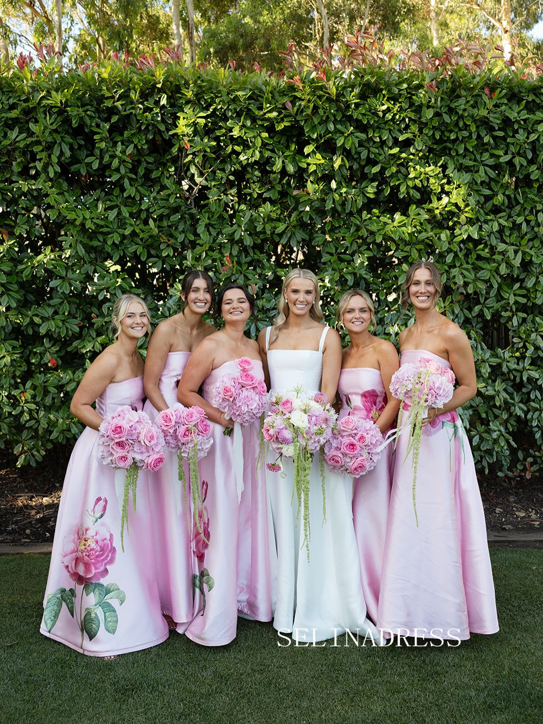 Pink Strapless Long Bridesmaid Dress With Floral Cheap Bridesmaid Dresses BRA001|Selinadress