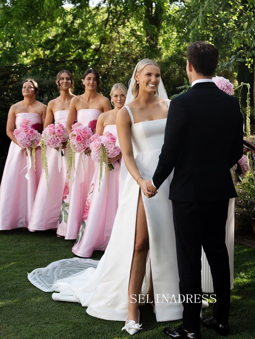 Pink Strapless Long Bridesmaid Dress With Floral Cheap Bridesmaid Dresses BRA001|Selinadress