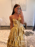 Gold Sweetheart Long Prom Dress Ruffles Ball Gown Long Evening Gowns SEW1256|Selinadress