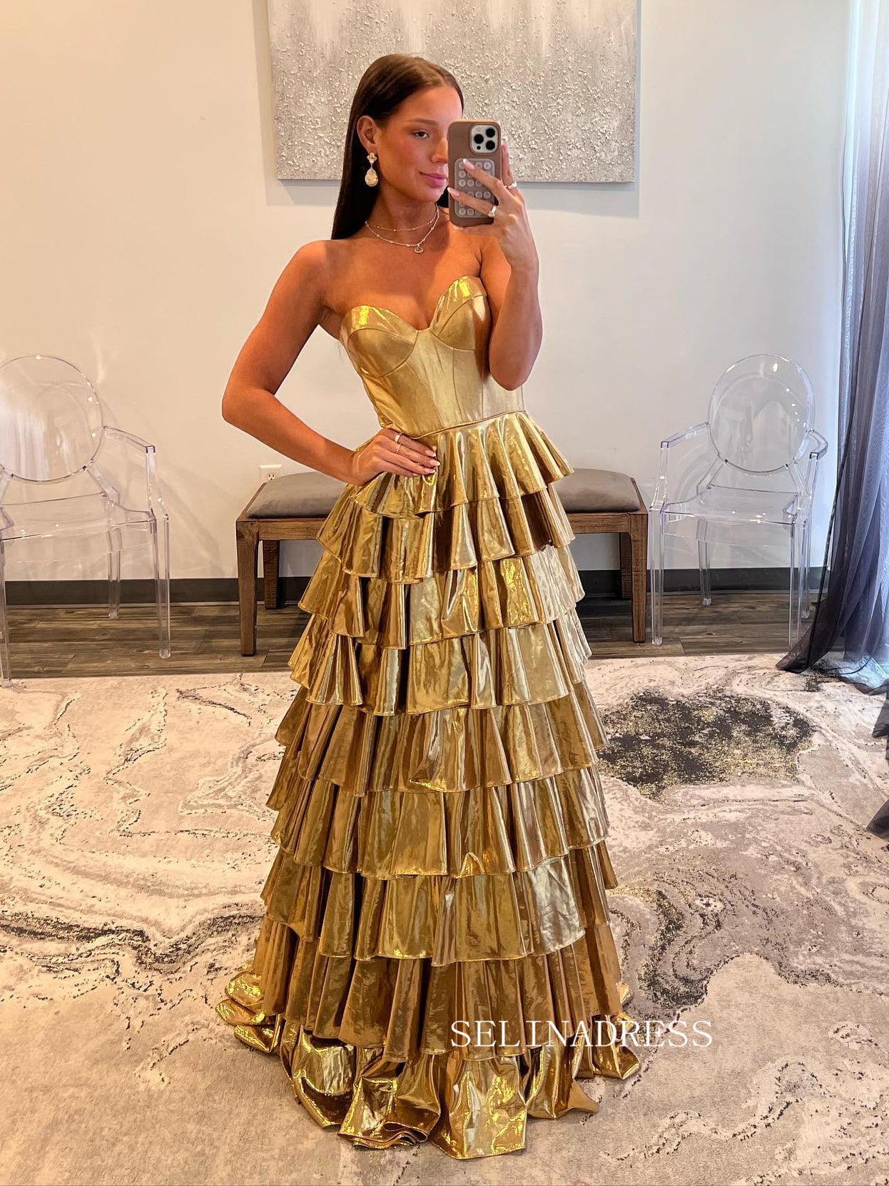 Gold Sweetheart Long Prom Dress Ruffles Ball Gown Long Evening Gowns S SELINADRESS Gold Sweetheart Long Prom Dress Ruffles Ball Gown Long Evening Gowns S SELINADRESS